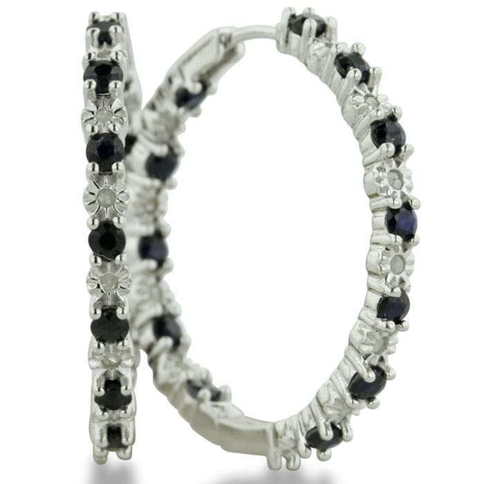 1.5ct Sapphire And Diamond Inside-Out Hoop Earrings, Sterling Silver, 1 Inch
