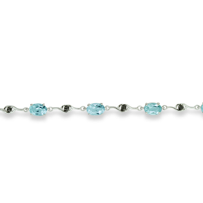 6ct Blue Topaz and Black Diamond Bracelet In Sterling Silver, 7 Inches
