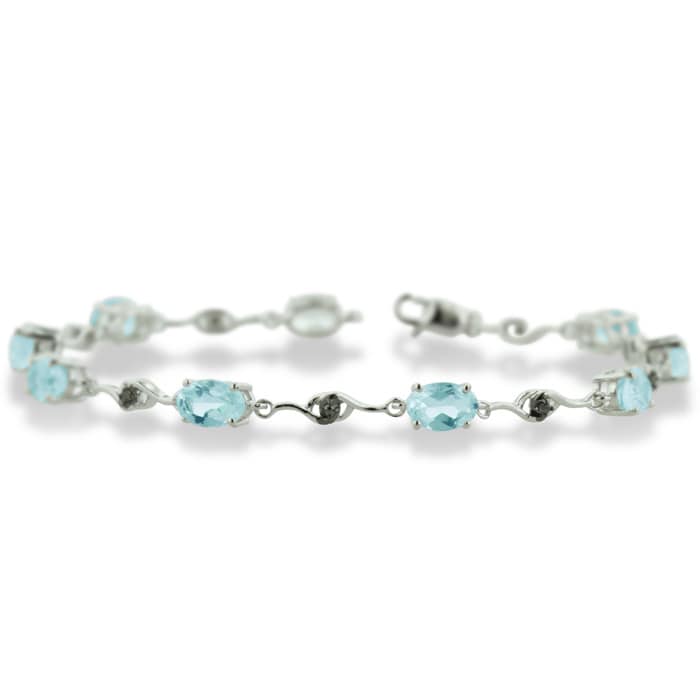 6ct Blue Topaz and Black Diamond Bracelet In Sterling Silver, 7 Inches