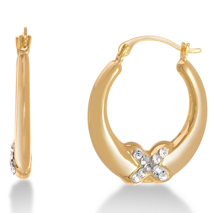 18 Karat Yellow Gold Overlay  Hoop Earrings with Swarovski Elements Crystal "X" Accent