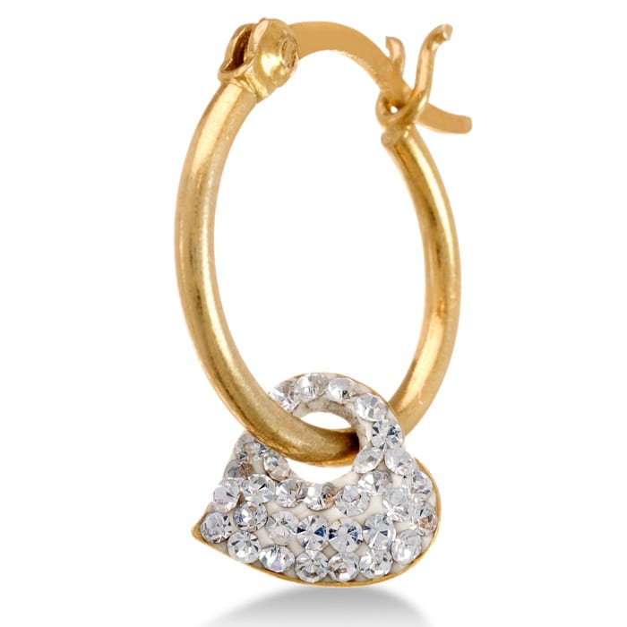 18 Karat Yellow Gold Overlay  Hoop Earrings with Dangling Swarovski Elements Crystal Heart Accent