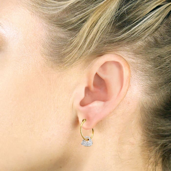 18 Karat Yellow Gold Overlay  Hoop Earrings with Dangling Swarovski Elements Crystal Heart Accent