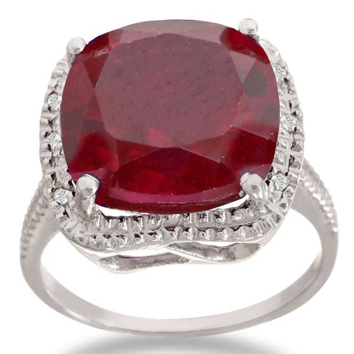 Trendy 7ct Marble Ruby and Diamond Cushion Cut Ring in Sterling Silver