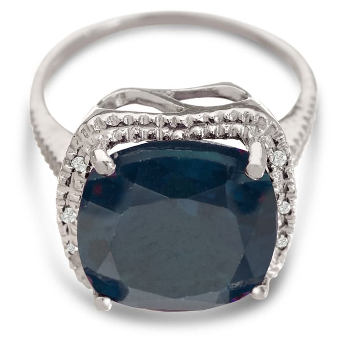 For a trendy statement ring, try this huge sapphire and diamond right hand ring.  Total gem weight is 7 carats and diamond content is .03 carats in J/K color, I3 clarity.