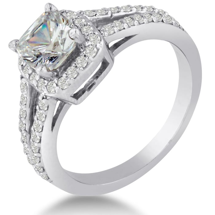 1ct Cushion Cut Diamond Halo Engagement Ring Crafted In Solid 14K White Gold