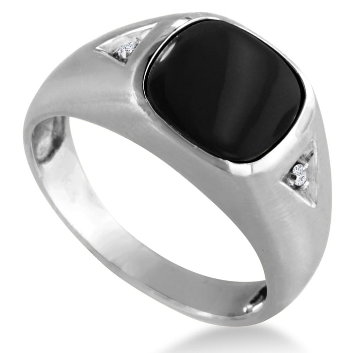Cabochon Black Onyx and Diamond Men's Ring Crafted In Solid 14K White Gold