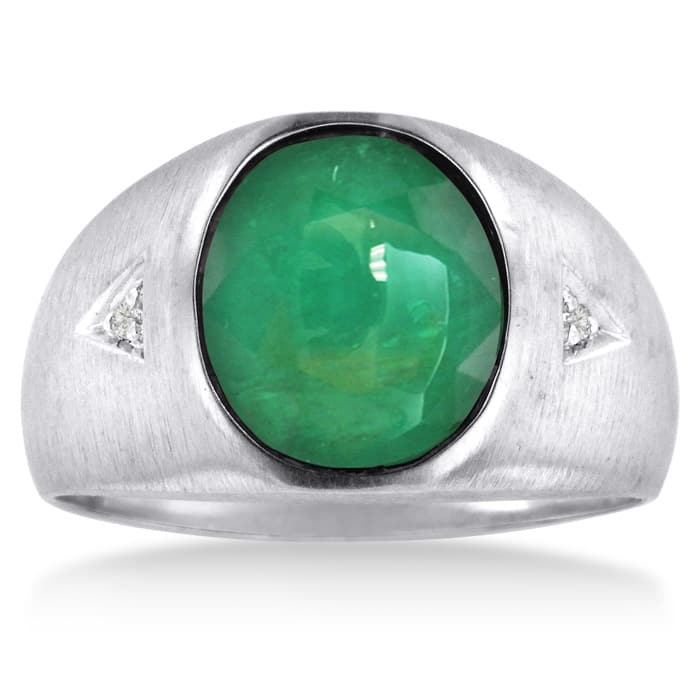 Mens 5.5 cts Round Cabochon Emerald Sterling Silver Ring Sizes 8 To 13