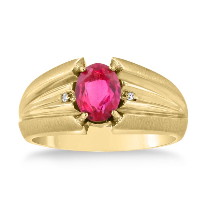 1 1 2ct Oval Created Ruby and Diamond Men s Ring Crafted In Solid 14K Yellow Gold