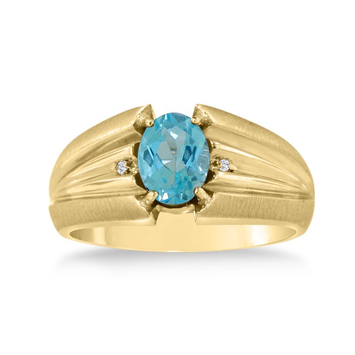1 1/2ct Oval Blue Topaz and Diamond Men's Ring Crafted In Solid 14K Yellow Gold