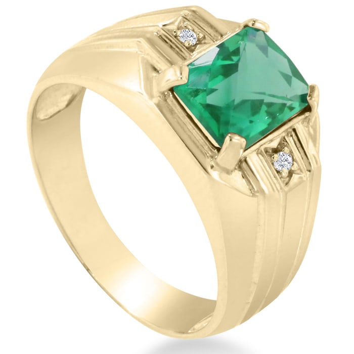 2 1/4ct Created Emerald and Diamond Men's Ring Crafted In Solid Yellow Gold
