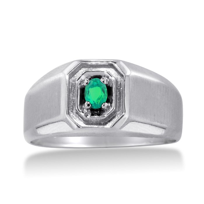 1/4ct Oval Created Emerald Men's Ring Crafted In Solid 14K White Gold
