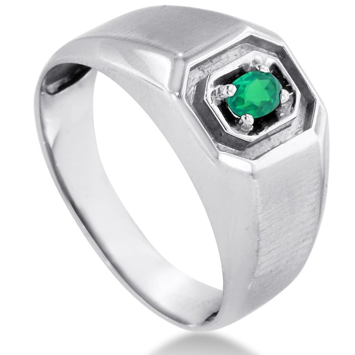 1/4ct Oval Created Emerald Men's Ring Crafted In Solid 14K White Gold
