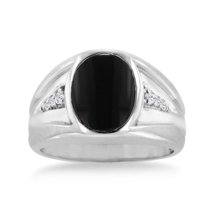 Oval Black Onyx and Diamond Men's Ring Crafted In Solid White Gold
