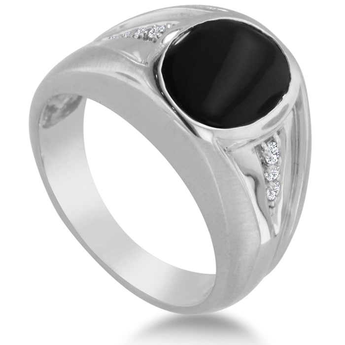 Oval Black Onyx and Diamond Men's Ring Crafted In Solid White Gold
