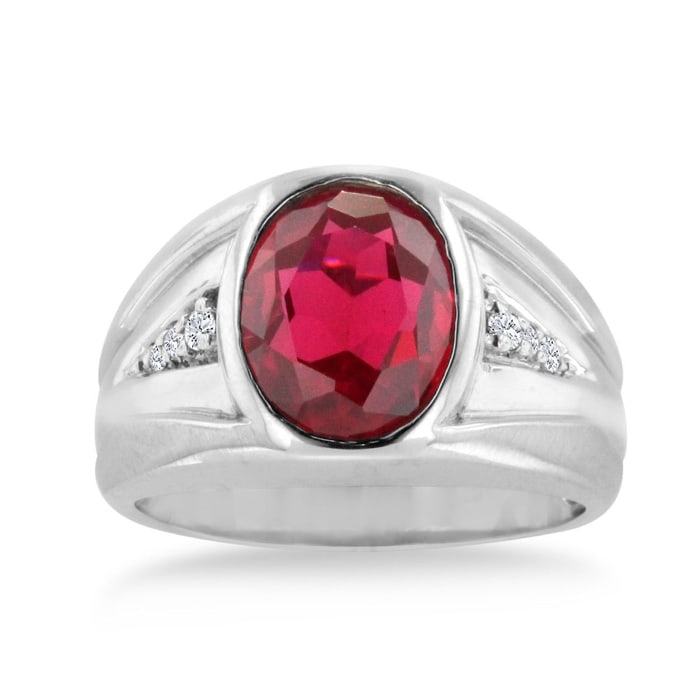 4 1/2ct Oval Created Ruby and Diamond Men's Ring Crafted In Solid White Gold
