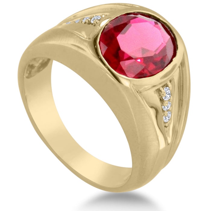 4 1/2ct Oval Created Ruby and Diamond Men's Ring Crafted In Solid Yellow Gold

