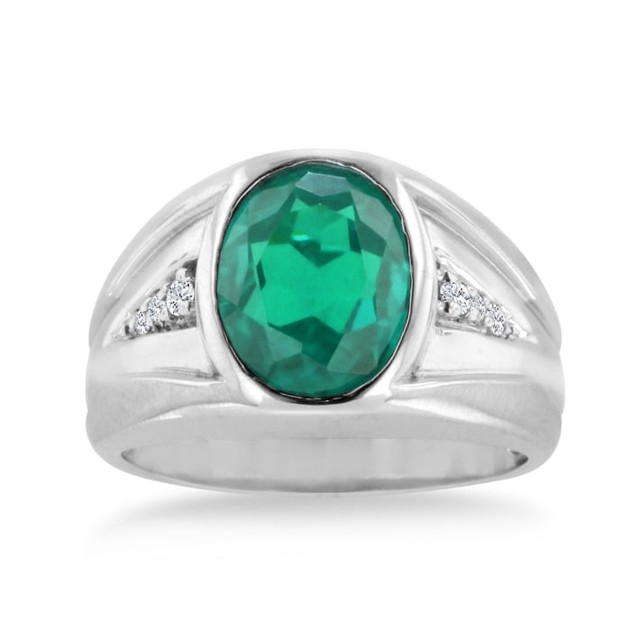 4 1/2ct Oval Created Emerald and Diamond Men's Ring Crafted In Solid 14K White Gold

