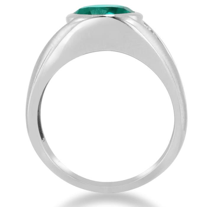 4 1/2ct Oval Created Emerald and Diamond Men's Ring Crafted In Solid 14K White Gold
