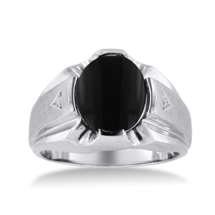 Oval Black Onyx and Diamond Men's Ring Crafted In Solid 14K White Gold
