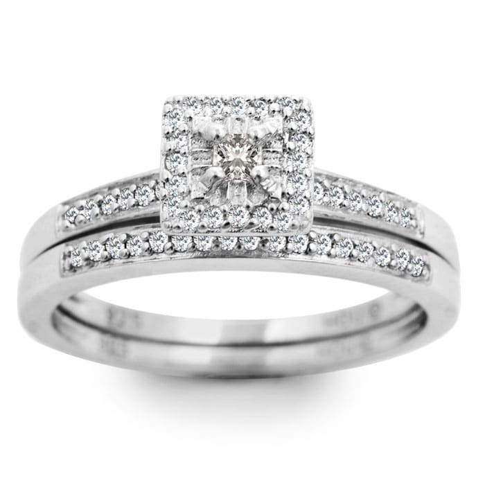1/4 Carat Pave Halo Diamond Bridal Set in Sterling Silver. Incredibly Popular And Fantastic At A Low Price
