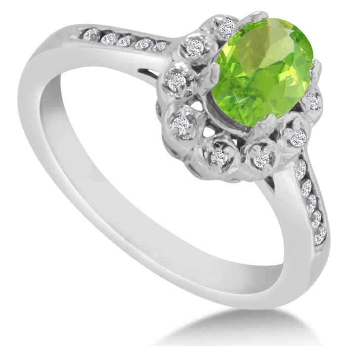 1 1/4ct Oval Peridot and Diamond Ring In Solid 14K White Gold
