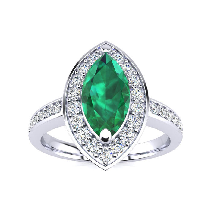 1 Carat Marquise Emerald and Diamond Ring In 14 Karat White Gold