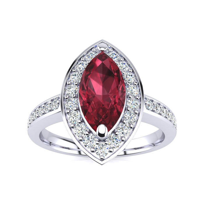 Garnet Ring: Garnet Jewelry: 1 Carat Marquise Garnet and Diamond Ring In 14 Karat White Gold
