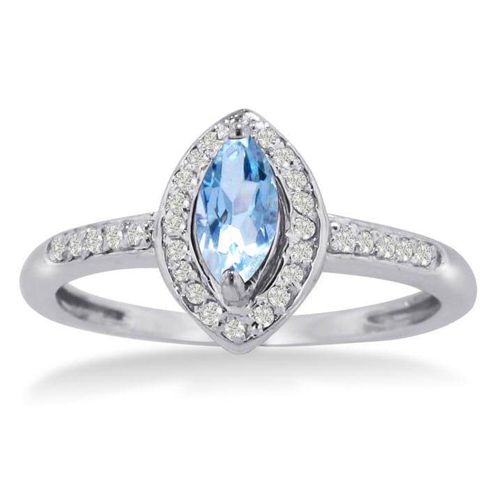 Aquamarine Ring: Aquamarine Jewelry: 3/4ct Marquise Aquamarine and Diamond Ring Crafted In Solid 14K White Gold