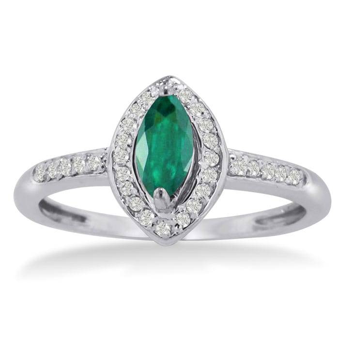 3/4ct Marquise Emerald and Diamond Ring Crafted In Solid 14K White Gold
