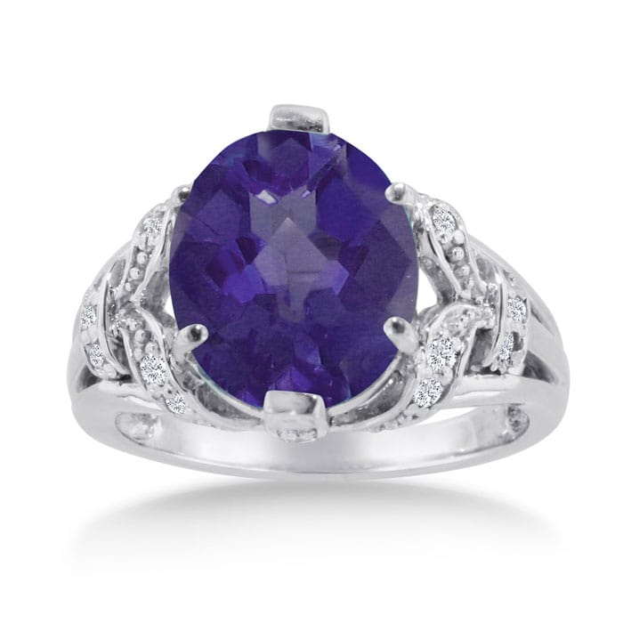 6ct Oval Amethyst and Diamond Ring In Solid 14K White Gold