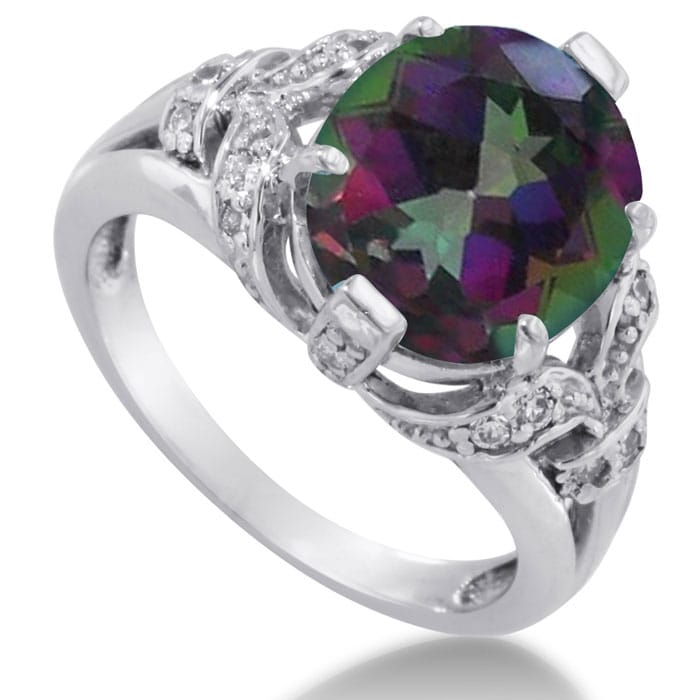 6 Carat Oval Shape Mystic Topaz Ring With Diamonds In 14 Karat White Gold