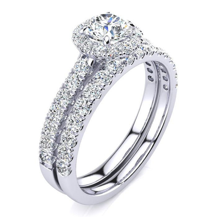 1 Carat Floating Pave Halo Diamond Bridal Set in 14k White Gold