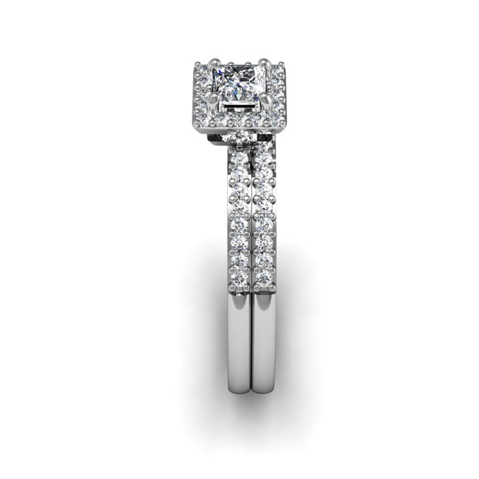 1/2 Carat Princess Cut Pave Halo Diamond Bridal Set in 14k White Gold
