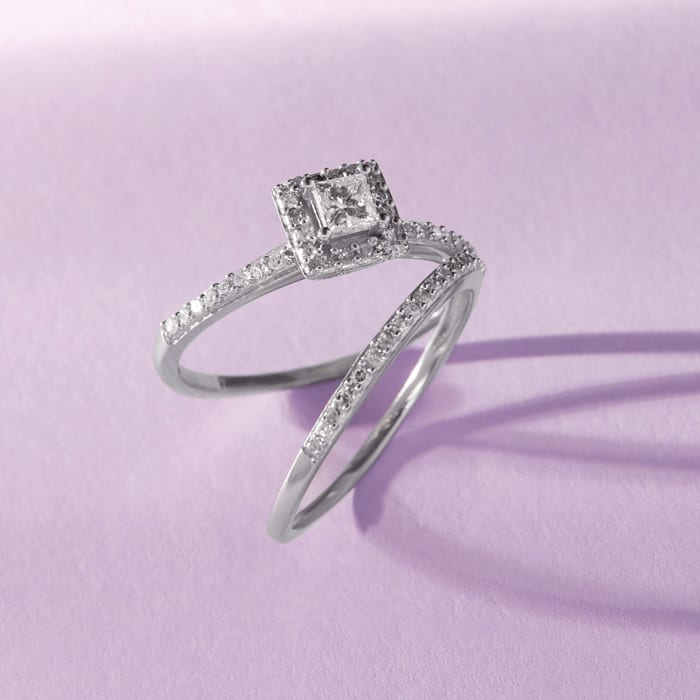 1/2 Carat Princess Cut Pave Halo Diamond Bridal Set in 14k White Gold
