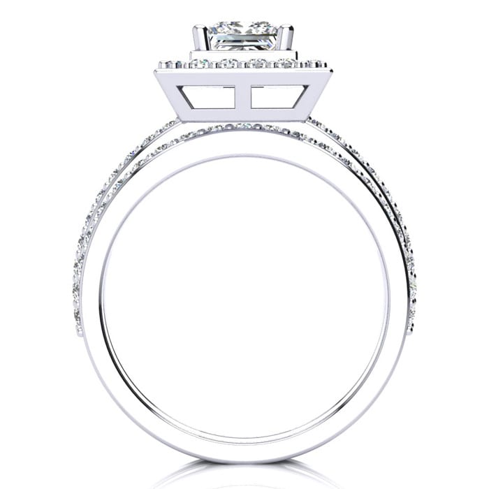 1 1/2 Carat Princess Cut Floating Pave Halo Diamond Bridal Set in 14k White Gold
