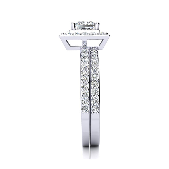 1 1/2 Carat Princess Cut Floating Pave Halo Diamond Bridal Set in 14k White Gold
