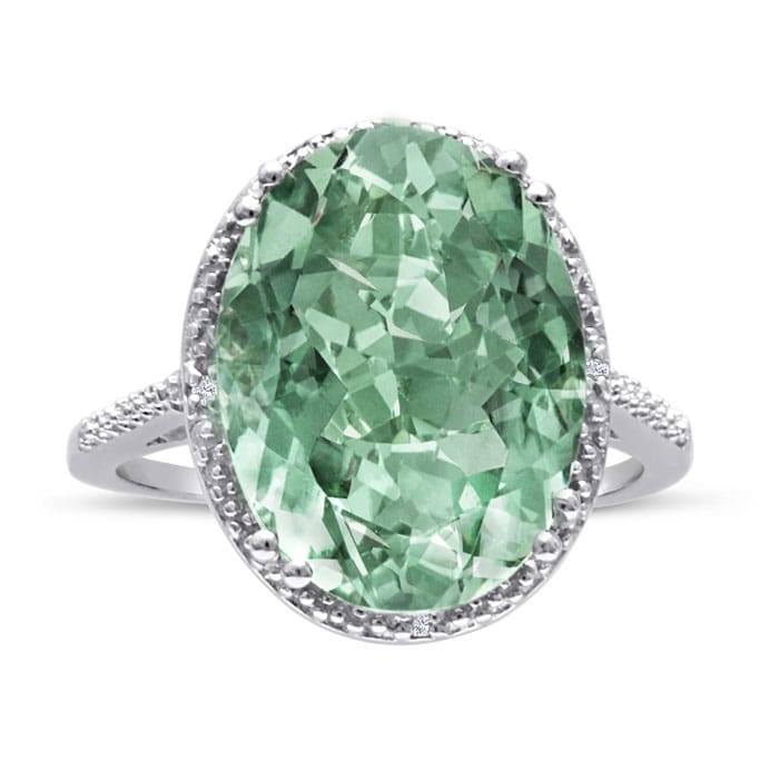 Estate Jewelry 8ct Oval Shape Green Amethyst and Diamond Ring Crafted In Solid Sterling Silver, Size 4.5