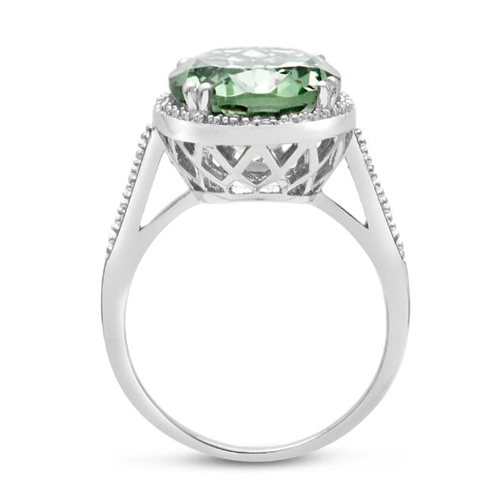 Estate Jewelry 8ct Oval Shape Green Amethyst and Diamond Ring Crafted In Solid Sterling Silver, Size 4.5
