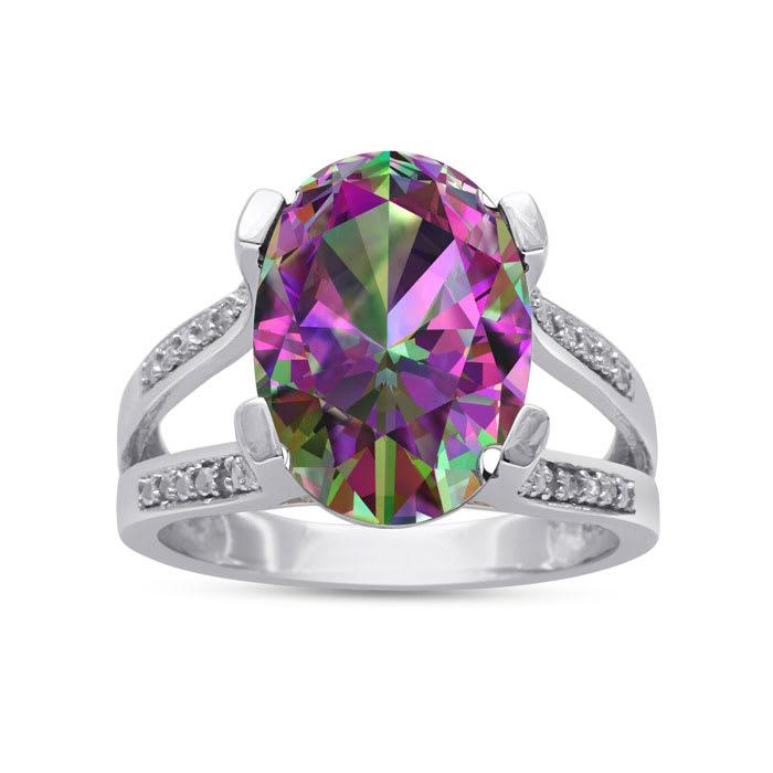 Sterling Silver CZ Stones Halo Ring w/ 7 mm Mystic Topaz Color Center CZ 2 ct