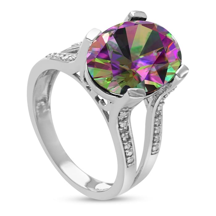 5-1/2 Carat Oval Shape Mystic Topaz Ring With Diamonds - Incredibly Beautiful!