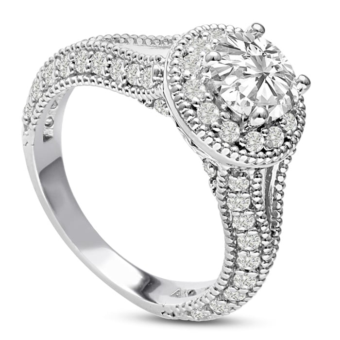 1 3/4 Carat Split Shank Halo Diamond Engagement Ring in 14 Karat White Gold