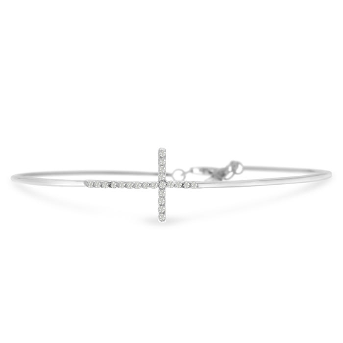 Cubic Zirconia Sideways Cross Bangle Bracelet Crafted In Solid Sterling Silver