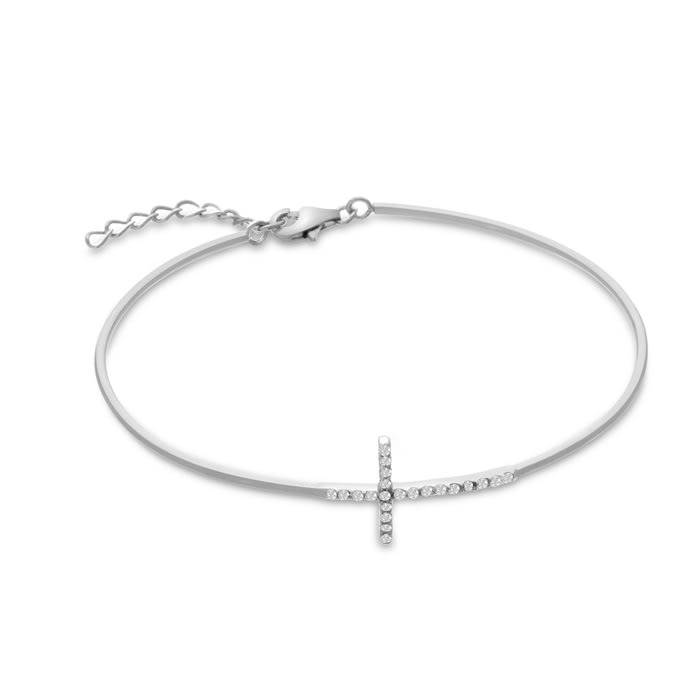 Cubic Zirconia Sideways Cross Bangle Bracelet Crafted In Solid Sterling Silver