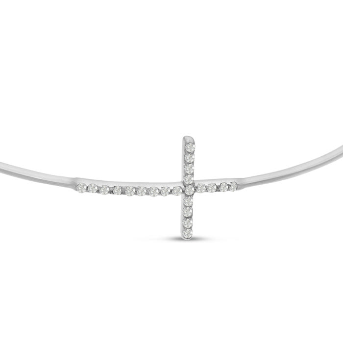 Cubic Zirconia Sideways Cross Bangle Bracelet Crafted In Solid Sterling Silver