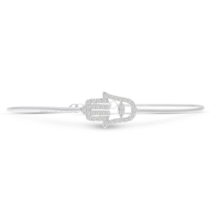 Cubic Zirconia Hamsa Bangle Bracelet Crafted In Solid Sterling Silver