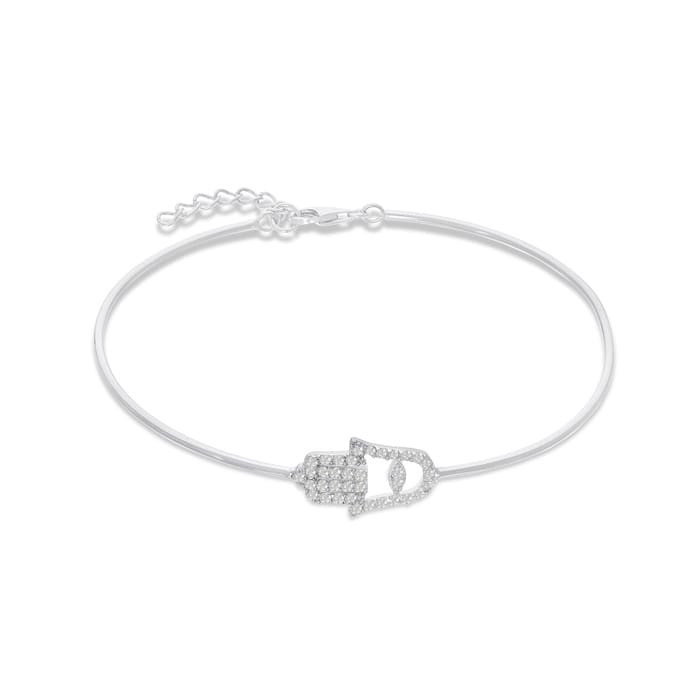 Cubic Zirconia Hamsa Bangle Bracelet Crafted In Solid Sterling Silver