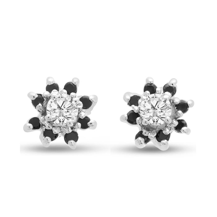 14K White Gold Flower Black Diamond Earring Jackets, Fits 1/4-1/2ct Stud Earrings