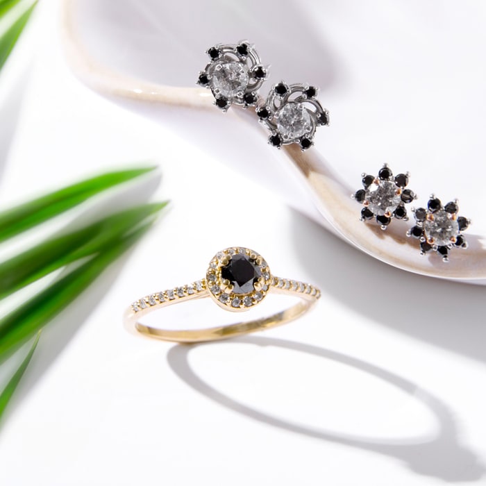 14K White Gold Flower Black Diamond Earring Jackets, Fits 1/4-1/2ct Stud Earrings