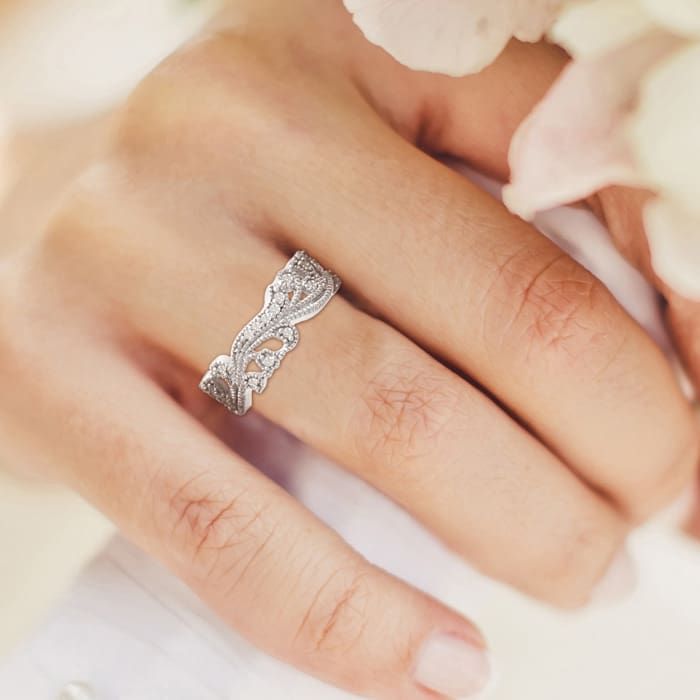 1/3 Carat Floral Diamond Wedding Band Crafted In 14 Karat White Gold