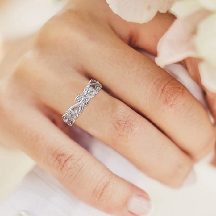 1/3 Carat Floral Diamond Wedding Band Crafted In 14 Karat White Gold